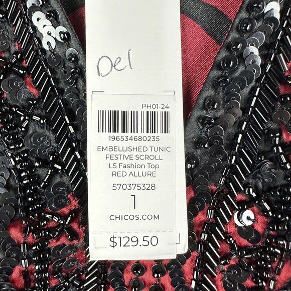 Chicos Top Blouse Size 1 Embellished Tunic Festive Scroll LS Allure Red NEW $129 - Picture 15 of 15